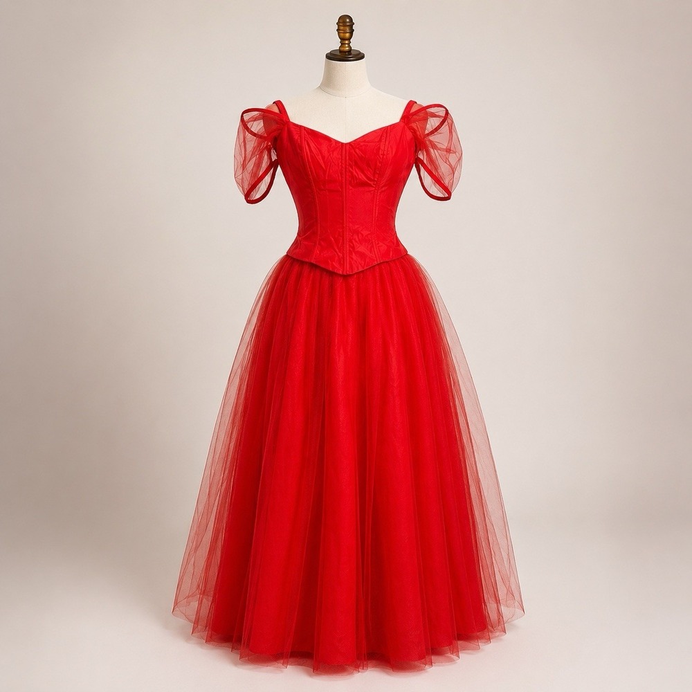 Vintage 80s Prom Dress 7/8 Red Corset Tulle Ball Gown Princess Romantic Goth 90s